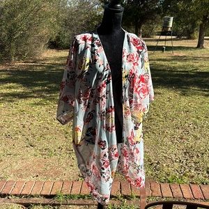NWT kimono duster jacket sky blue floral 35” long, free size L-XL 60” new topper